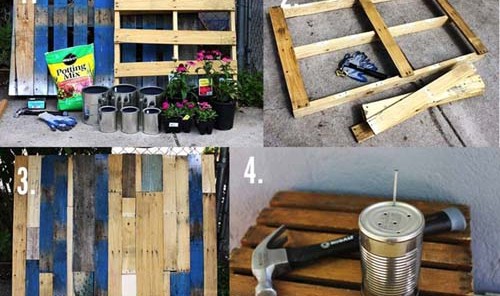 利用旧的木栈板和铁罐打造空中花园