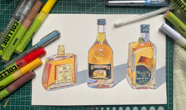 酒瓶盖里多姿多彩的水彩画